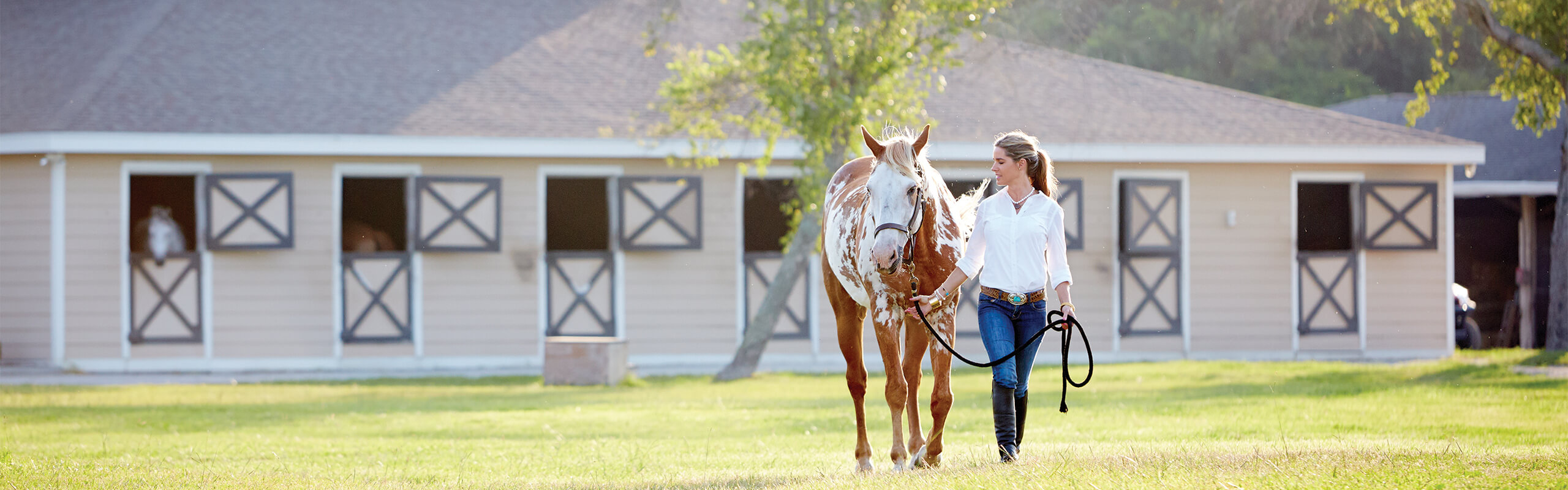 Rider leading a horse in front of the Seabrook Island Equestrian Center barn
