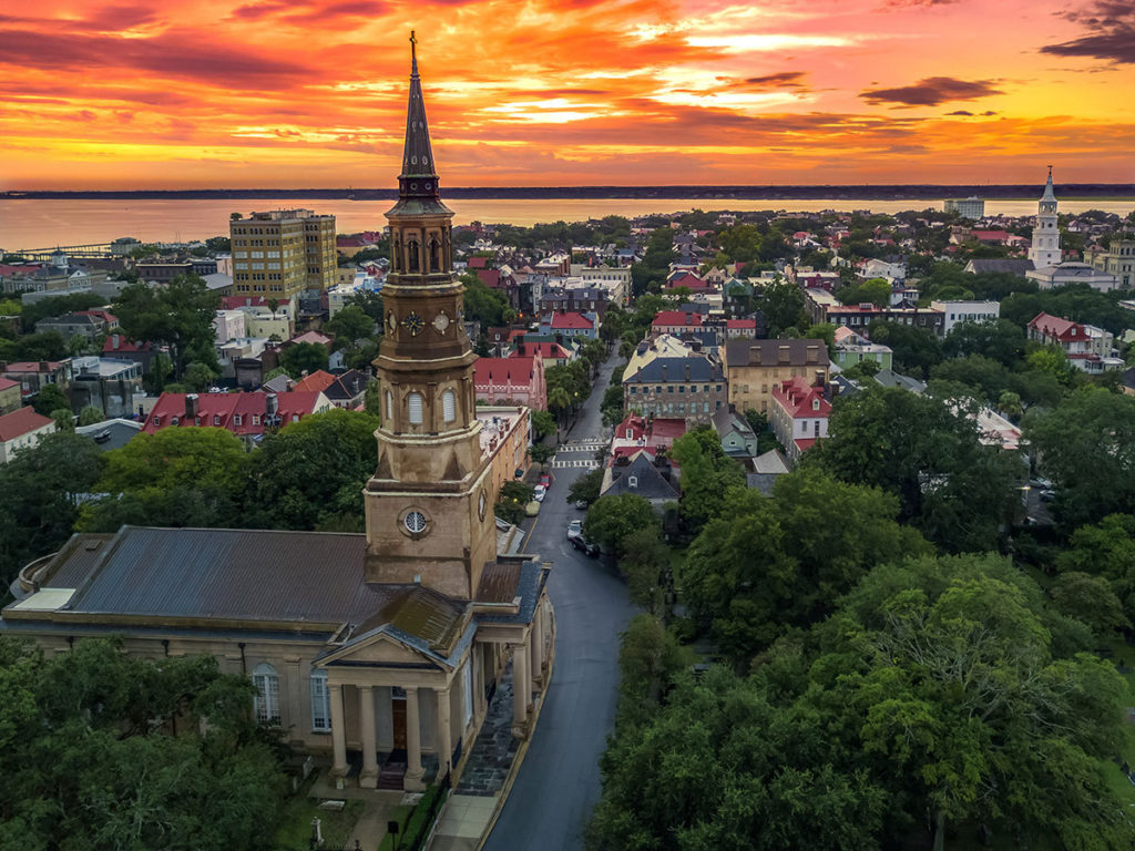 aerial view of downtown Charleston at sunset