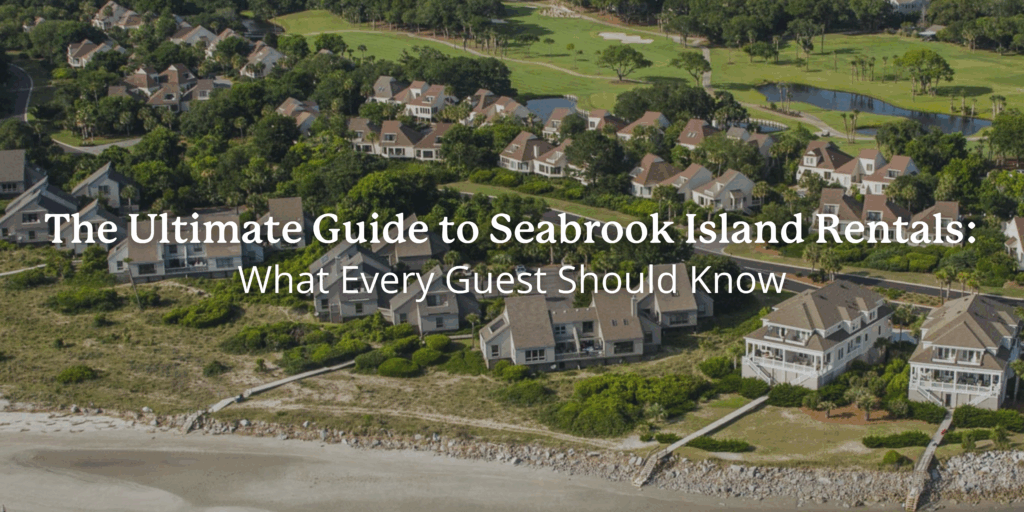 Aerial view of Seabrook Island rentals near the beach, featuring coastal homes, golf course, and lush greenery.