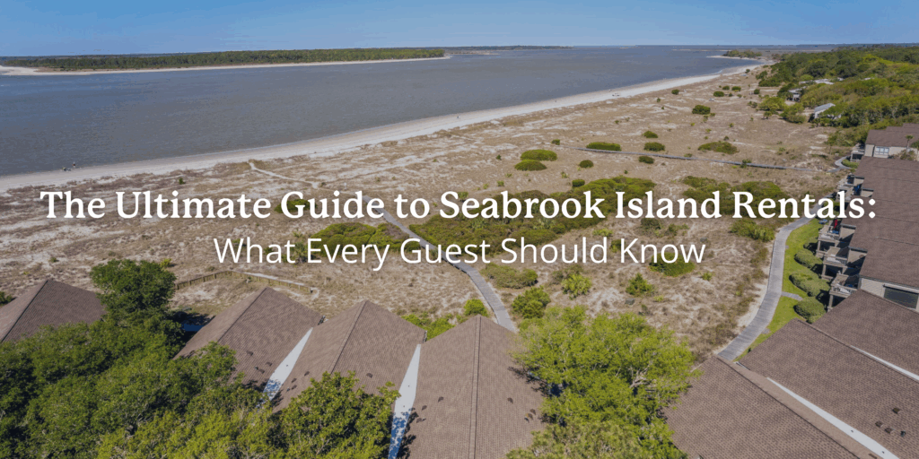 Aerial view of Seabrook Island rentals near the beach, featuring coastal homes, golf course, and lush greenery.