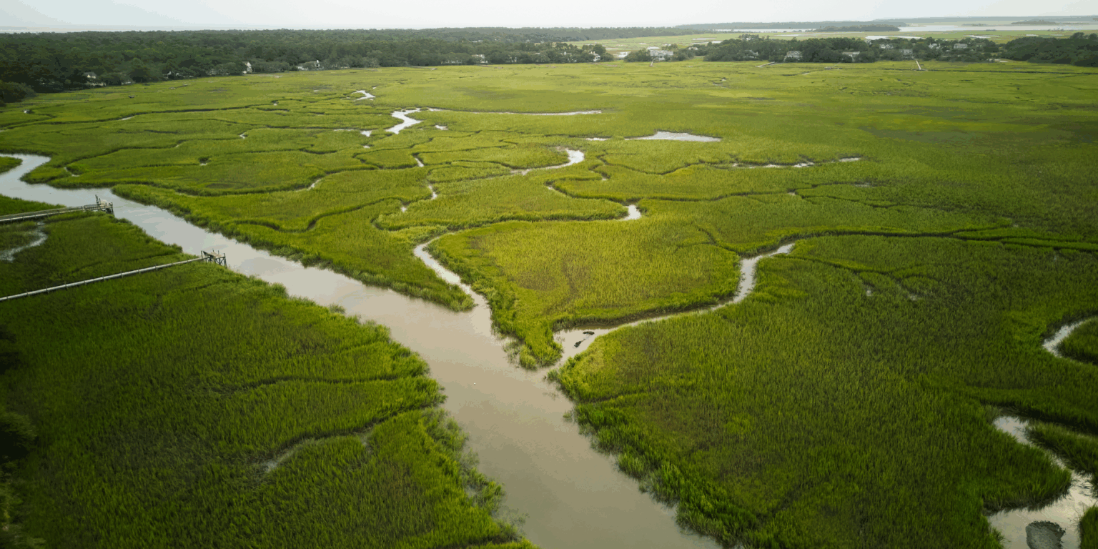 Aerial view of winding tidal creeks through lush marshland on Seabrook Island, highlighting Seabrook Island Real Estate for Sale and the natural beauty surrounding real estate on Seabrook Island.