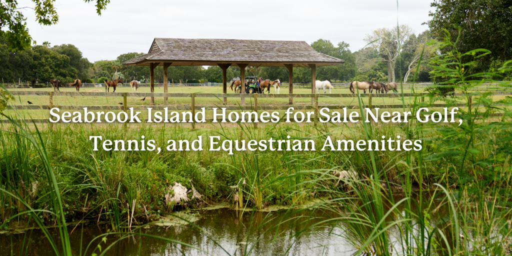View of horses grazing near the Seabrook Island Equestrian Center, showcasing scenic natural surroundings and proximity to Seabrook Island homes for sale near top-tier amenities including golf, tennis, and equestrian facilities.